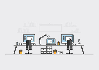 Workspace or office for work of creative graphic designer, laptop, computers and books on desktop, flat line vector and illustration.