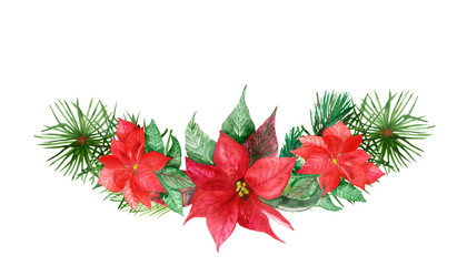 Watercolor hand painted nature winter bouquet with beautiful red flower poinsettia with yellow center, green leaves around and green christmas tree fir branches for invitations with the space for text