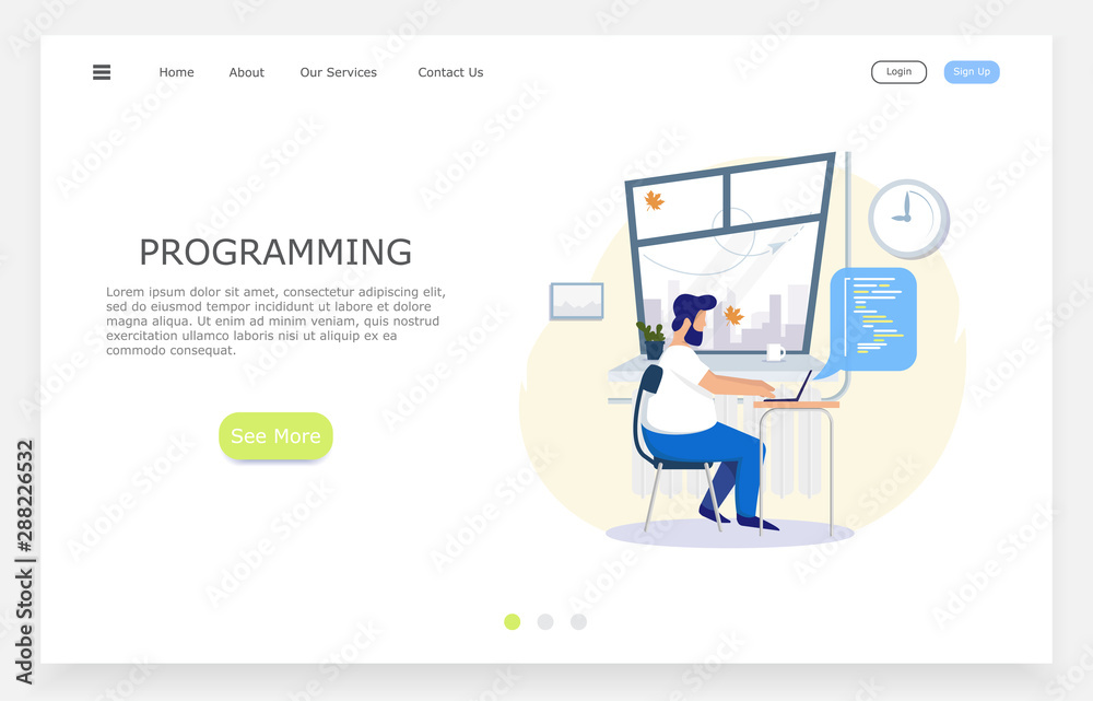 Wall mural illustration of a young programmer working in the office on a project, template for the landing page