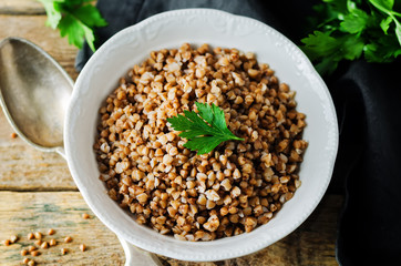 Buckwheat porridge with fresh parsley leaves