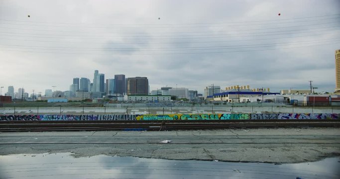 DTLA skyline and LA River in Los Angeles, California