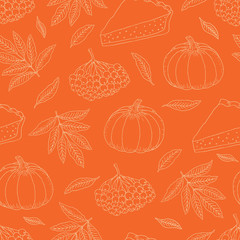 Vector hand drawn seamless pattern with colorful autumn leaves, acorns, rowanberries, pumpkins on an orange background