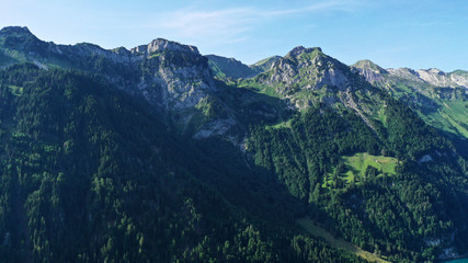 Aerial view of Klöntalersee mountainous valley. Glarus Kanton, Switzerland.