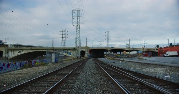DTLA skyline and LA River in Los Angeles, California