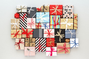 Christmas composition. Gifts box  top view background with copy space for your text. Flat lay.