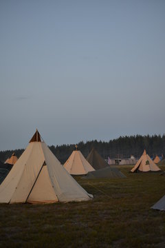 Tent camp on a large field in the forest
