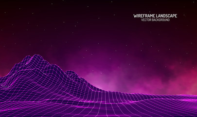 Vector retro futuristic background. Abstract digital landscape with particles dots and stars on horizon. Wireframe landscape background. Big Data Digital retro landscape Retro Sci-Fi Background.
