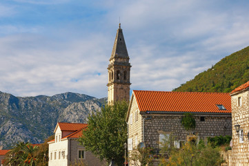 Fototapeta na wymiar View of ancient town of Perast with bell tower of church of St. Nicholas. Montenegro