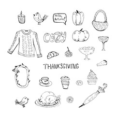 Sketchy vector hand drawn Doodle cartoon set of objects and symbols on the Thanksgiving autumn theme.Cozy autumn, scandinavian.Funny, cute, hugge, hand drawn illustration for poster, banner, print