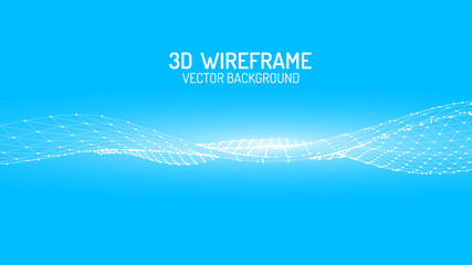 Vector retro futuristic background. Abstract digital landscape with particles dots and stars on horizon. Wireframe landscape background. Big Data Digital retro landscape Retro Sci-Fi Background.