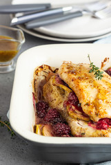 Baked turkey or chicken breast stuffed with apples and blackberries.