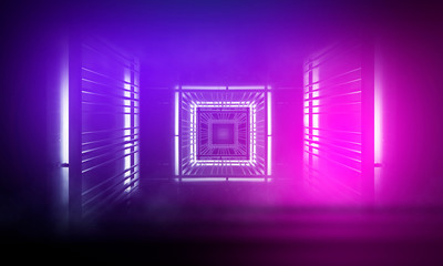  Ultraviolet abstract light. Diode tape, light line. Violet and pink gradient. Modern background, neon light. Empty stage, spotlights, neon. Abstract light.