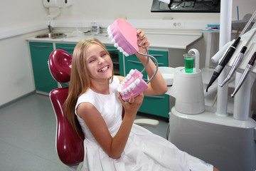 Little girl with long blond hair in the dental office. The concept of children's health and the prevention of dental diseases. Photos in the doctor’s office.