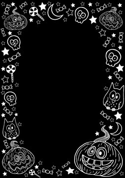 Vertical background for halloween. Black, illustration white. Funny pumpkin with bones, skull, stars, sweets, month and owl. Vector image for cards, invitations, and other design ideas.