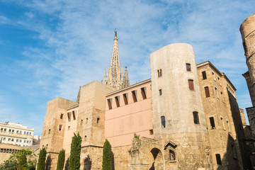 Fototapeta na wymiar View of the renovated square of the Cathedral, with the wall and the Roman towers. It is the Gothic cathedral and seat of the Archbishop. Barcelona, Spain.