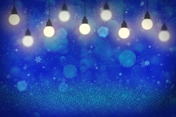 nice sparkling glitter lights defocused bokeh abstract background with light bulbs and falling snow flakes fly, festival mockup texture with blank space for your content