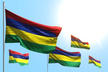 cute independence day flag 3d illustration. - 5 flags of Mauritius are waving against blue sky image with bokeh