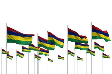 beautiful celebration flag 3d illustration. - many Mauritius flags in a row isolated on white with empty place for content