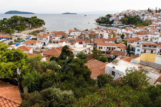 General view of the island town Skyathos, Greece