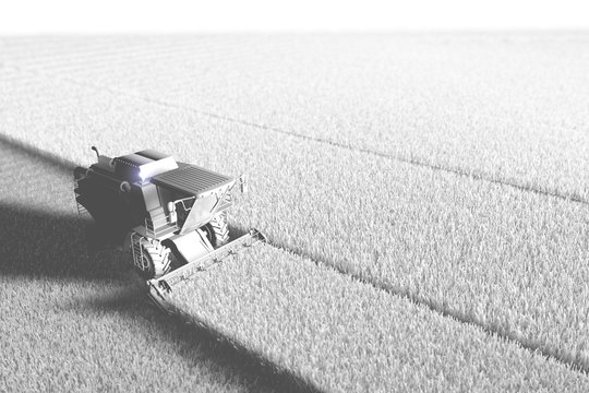 White render in drone photography style of big farm agricultural harvester working on field for using as template or background, industrial 3D illustration