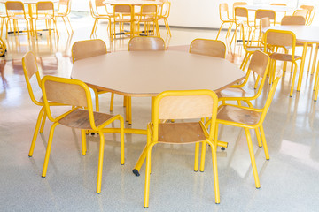 Empty school canteen yellow table and chairs