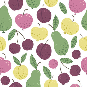 Vector seamless pattern with funny hand drawn flat garden fruits and berries. Colored apple, pear, plum, peach, cherry texture. Harvest repeating background picture for children’s design..