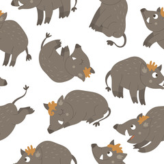 Vector seamless pattern of hand drawn flat funny boars in different poses. Cute repeat background with woodland animals. Sweet animalistic ornament for children’s design. .