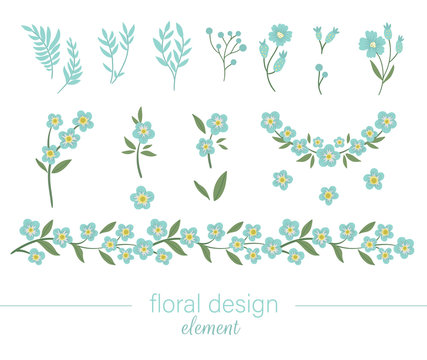 Vector blue floral clip art set. Flat trendy illustration with flowers, leaves, branches. Meadow, woodland, forest garden elements isolated on white background. Hand drawn forget-me-not.