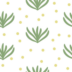Vector abstract seamless texture on white background. Hand drawn flat simple trendy illustration with green leaves and yellow dots. Repeating pattern Scandinavian style..