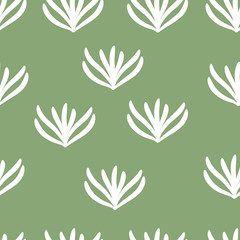 Vector abstract seamless texture on green background. Hand drawn flat simple trendy illustration with white leaves. Repeating pattern Scandinavian style..