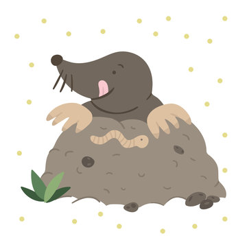 Vector hand drawn flat mole eating a worm. Funny woodland animal. Cute forest animalistic illustration for children’s design, print, stationery.