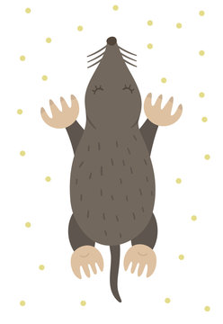 Vector hand drawn flat mole. Funny woodland animal. Cute forest animalistic illustration for children’s design, print, stationery.