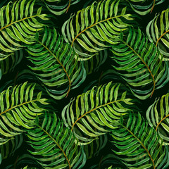 Naklejka na ściany i meble Watercolor seamless pattern with palm leaves. hand painted exotic tropical foliage on dark green background. Modern botanical print, summer forest illustration for wallpapers, textile, clothes.