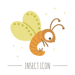 Vector hand drawn flat flying orange insect. Funny woodland fly icon. Cute forest animalistic illustration for children’s design, print, stationery.