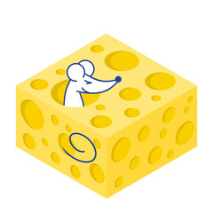 Isometric mouse and cheese. Vector illustration of isometric cheese. A cute mouse sits in a piece of   cheese