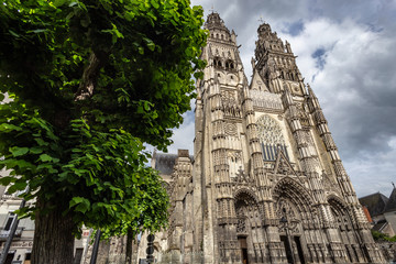 Full facade of cathedral of saint-Gatien in Tours