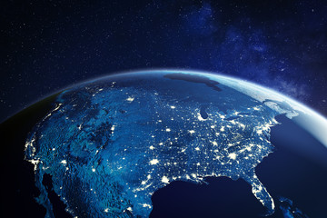 USA from space at night with city lights showing American cities in United States, global overview of North America, 3d rendering of planet Earth, elements from NASA © NicoElNino