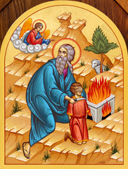 Secovska Polianka, Slovakia. 2019/8/22. The icon of Abraham about to sacrifice His son Isaac on the...