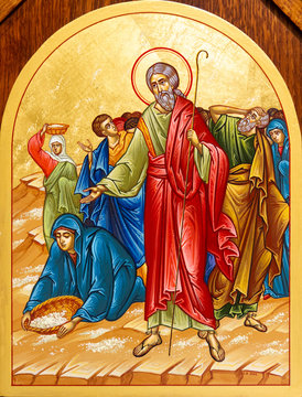 Secovska Polianka, Slovakia. 2019/8/22. The icon of Moses and Israelites in the desert receiving Manna from God. The Greek Catholic church of Saint Elijah. 