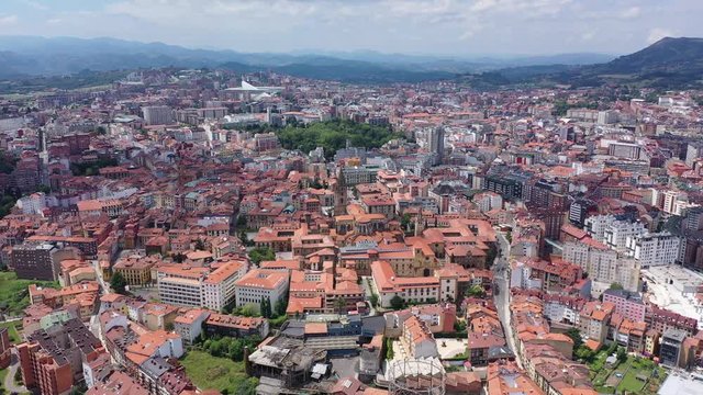 Aerial view of Oviedo city with buildings and lanscape,  Asturias, Spain 