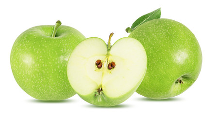 Fresh green apples with leaf isolated on white background with clipping path