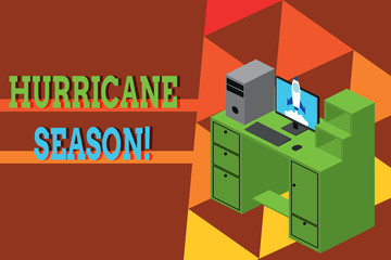 Fototapeta premium Word writing text Hurricane Season. Business photo showcasing time when most tropical cyclones are expected to develop Working desktop station drawers personal computer launching rocket clouds