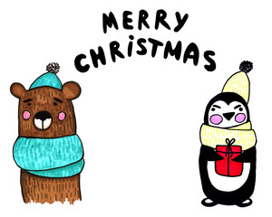 Christmas new year hand drawn watercolor decorative items over white. Gifts, animals, bear, penguin, lettering.