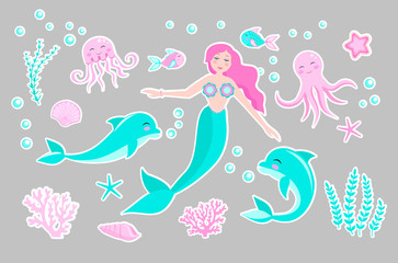 Cute trendy set of stickers emoji, patches badges. mermaid princess and dolphin, octopus, fish, jellyfish, coral. underwater world collection