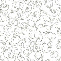 Pumpkins vintage grey outline on white background seamless pattern