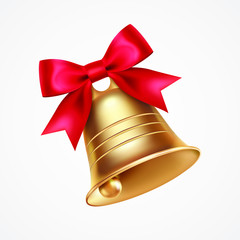 Golden metal bell with red bow isolated on a white background, Christmas symbol, school bell, vintage bell. 3D effect. Vector illustration. EPS10