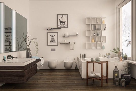Eingerichtetes Badezimmer im Winter mit gro&szlig;er Badewanne