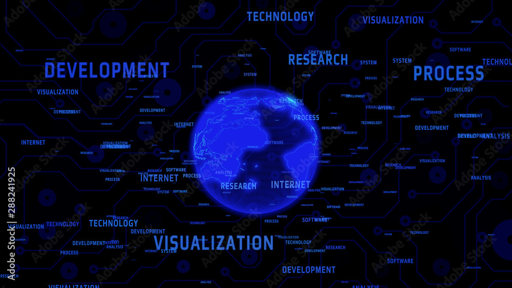 Aufkleber Technology Digital Global Network Communication Presentation Explosion Word Illustration. Abstract Blue Earth 3D Rendering International Floating Intelligence Massage.