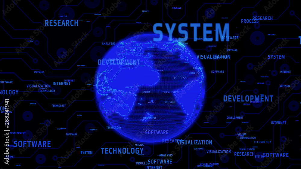 Aufkleber Technology Digital Global Network Communication Presentation Explosion Word Illustration. Abstract Blue Earth 3D Rendering International Floating Intelligence Massage.