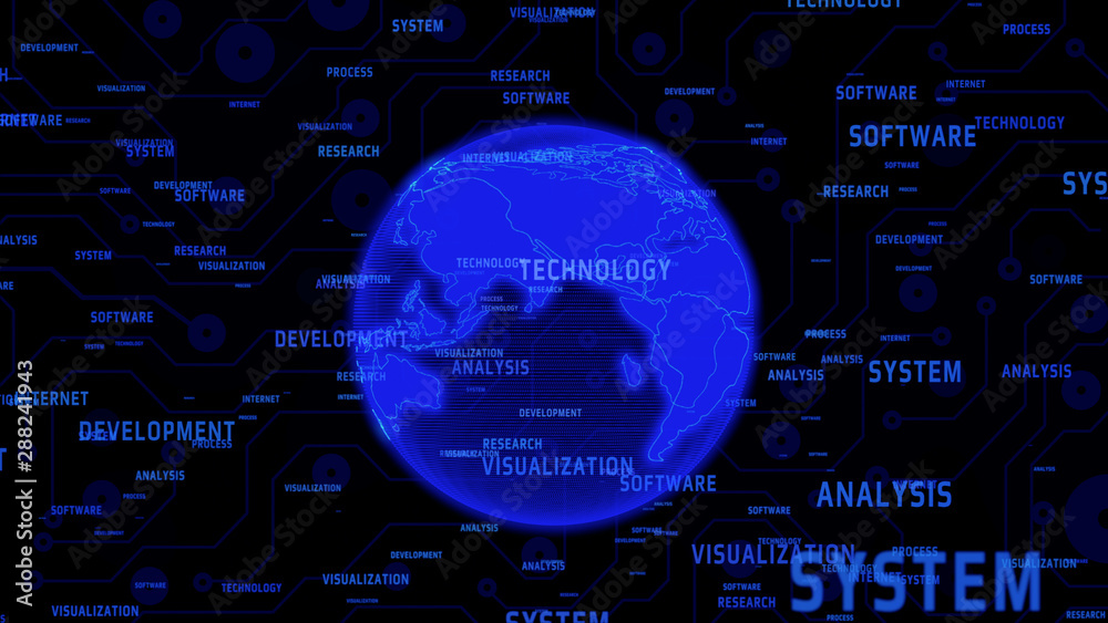Aufkleber technology digital global network communication presentation explosion word illustration. abstract b